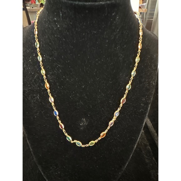 Unbranded Jewelry - 18k Gold Filled Rainbow Multi Color Crystal Oval Station Necklace Adjustable 18"